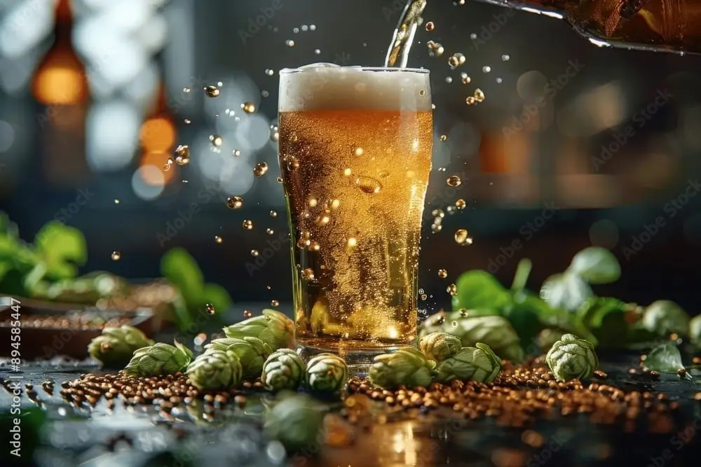 A beer is being poured into a glass, surrounded by hops and malt. The setting appears to be a bar with blurred lights in the background